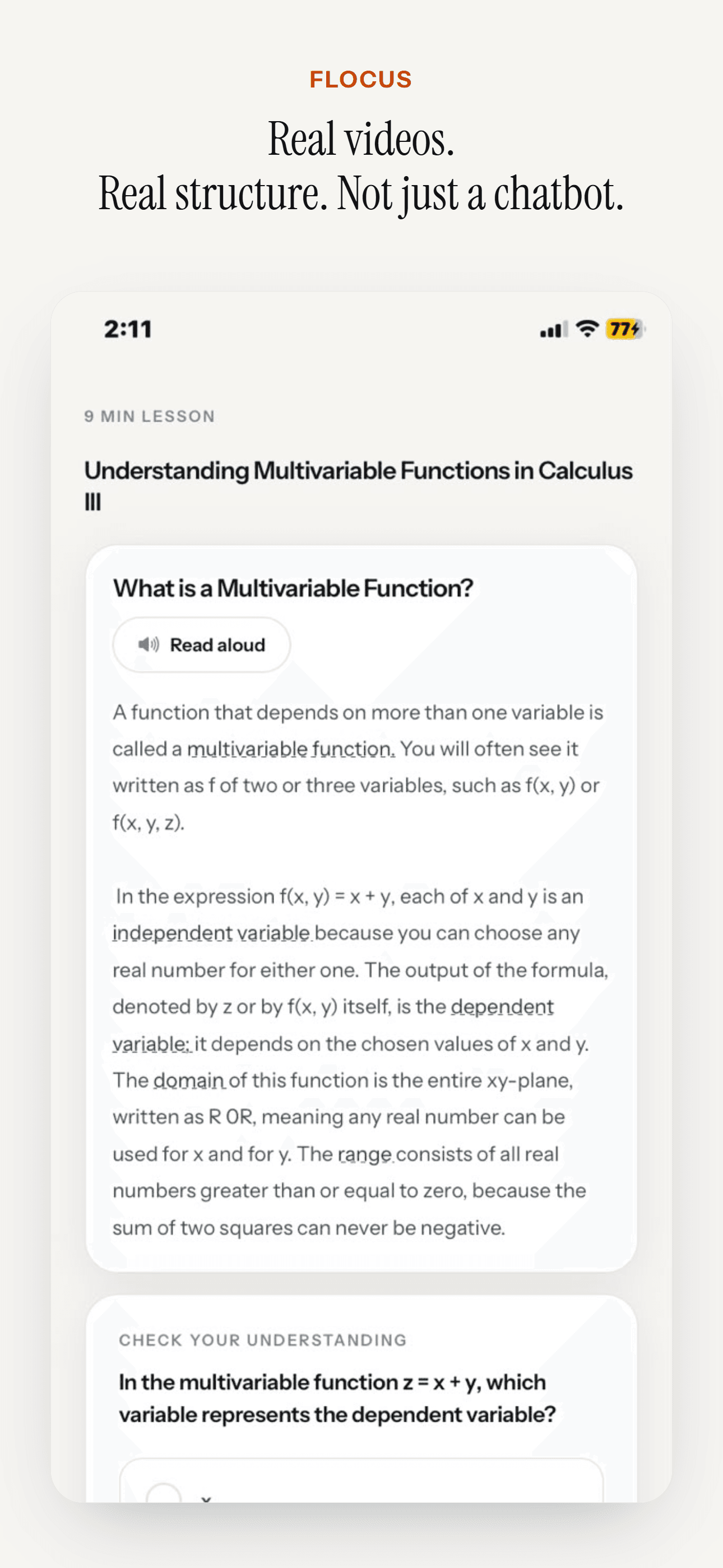 Flocus lesson screen explaining multivariable functions