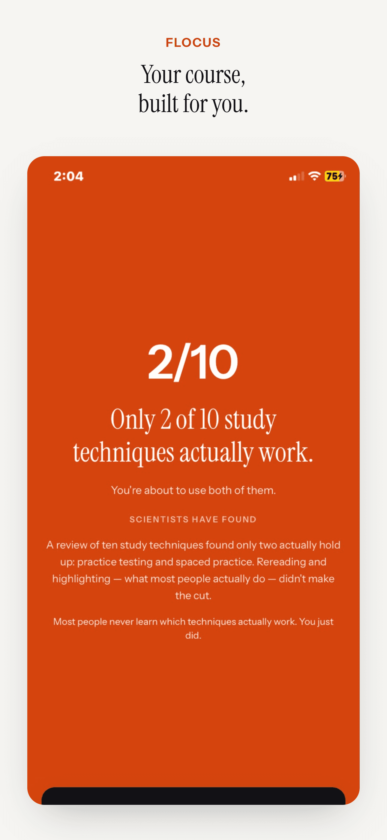 Flocus onboarding screen: only 2 of 10 study techniques actually work