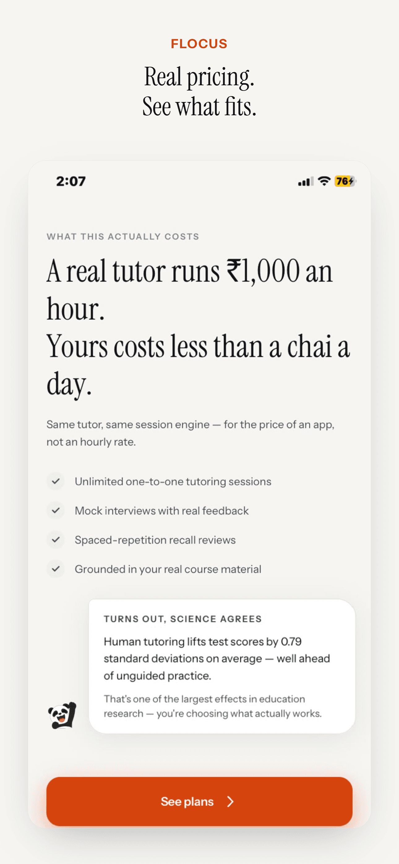 Flocus pricing screen comparing a real tutor to a Flocus subscription